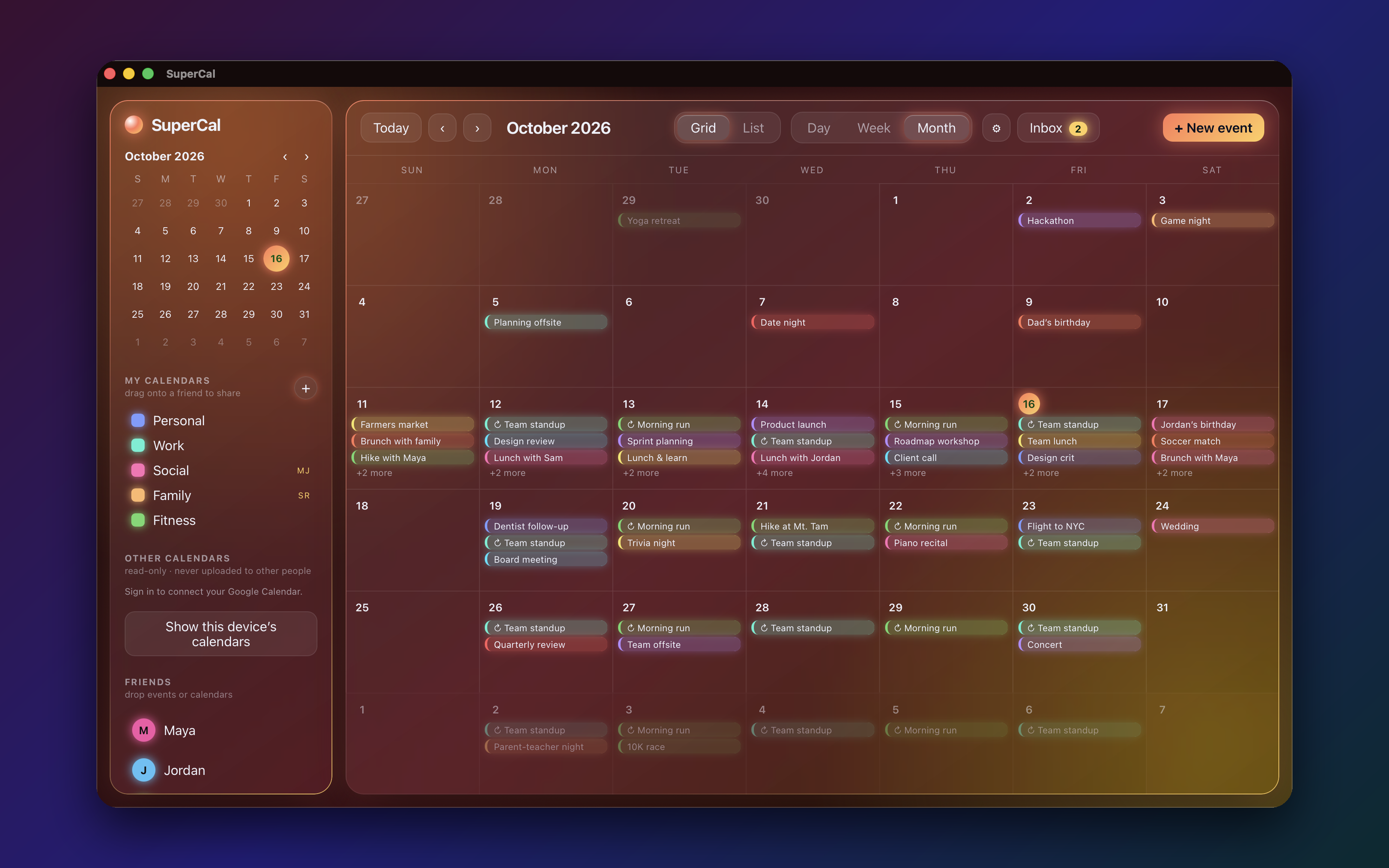 SuperCal on Mac showing a monthly calendar with color-coded events